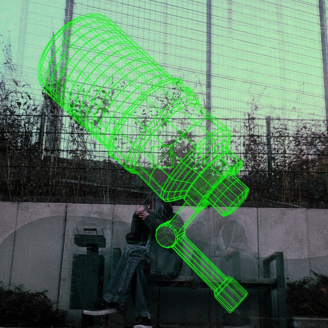 Cyber-Rap cover: a glowing green wireframe microphone floating diagonally over a photo of a person on a bench by a tall mesh fence, in a cold green tint