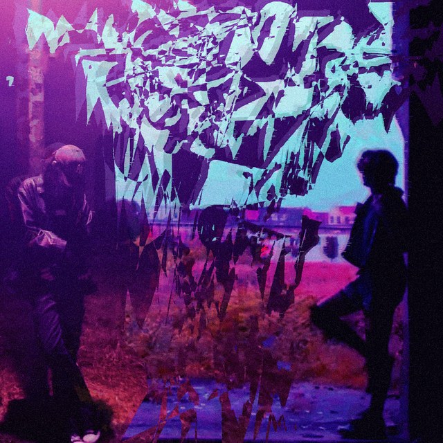 Leider (Remix) cover: two figures in silhouette, one in a cap, in purple light under glitched pale cyan shapes, over a pink field