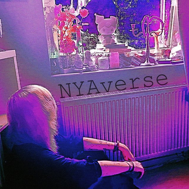NYAVERSE album cover: Nya sitting on the floor by a window in purple and pink light
